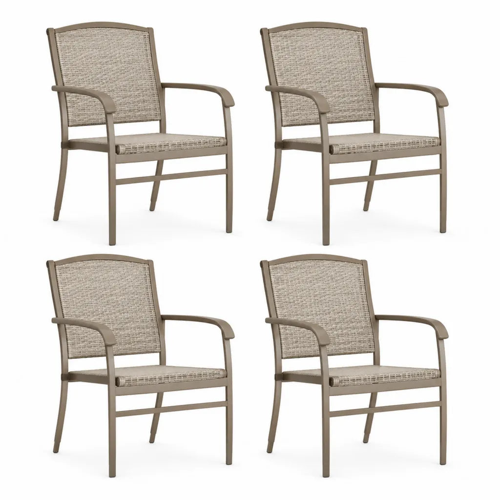 Set 4 poltrone da giardino con braccioli in acciaio e rattan PE beige 65 x 60 x 90 cm
