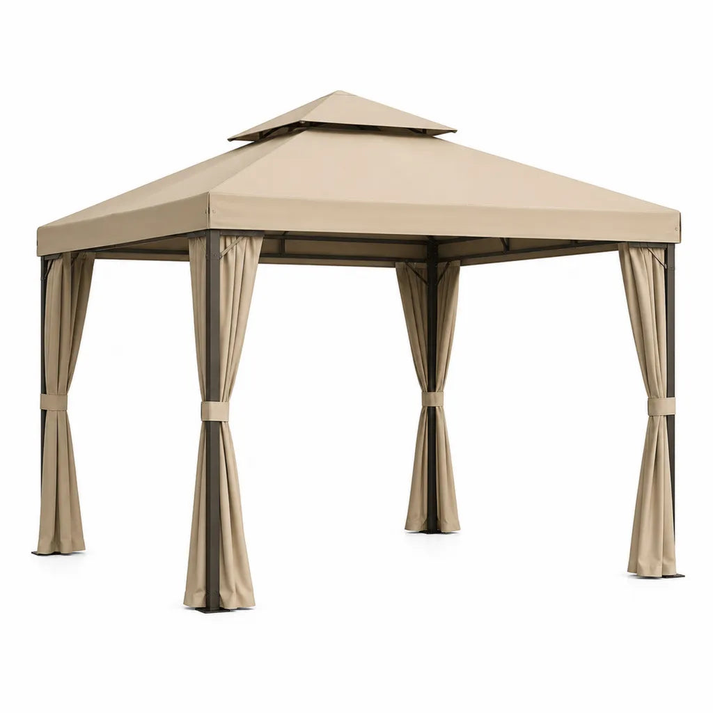 Gazebo da giardino quadrato 300 x 300 x 270 cm in acciaio e poliestere beige con tende laterali