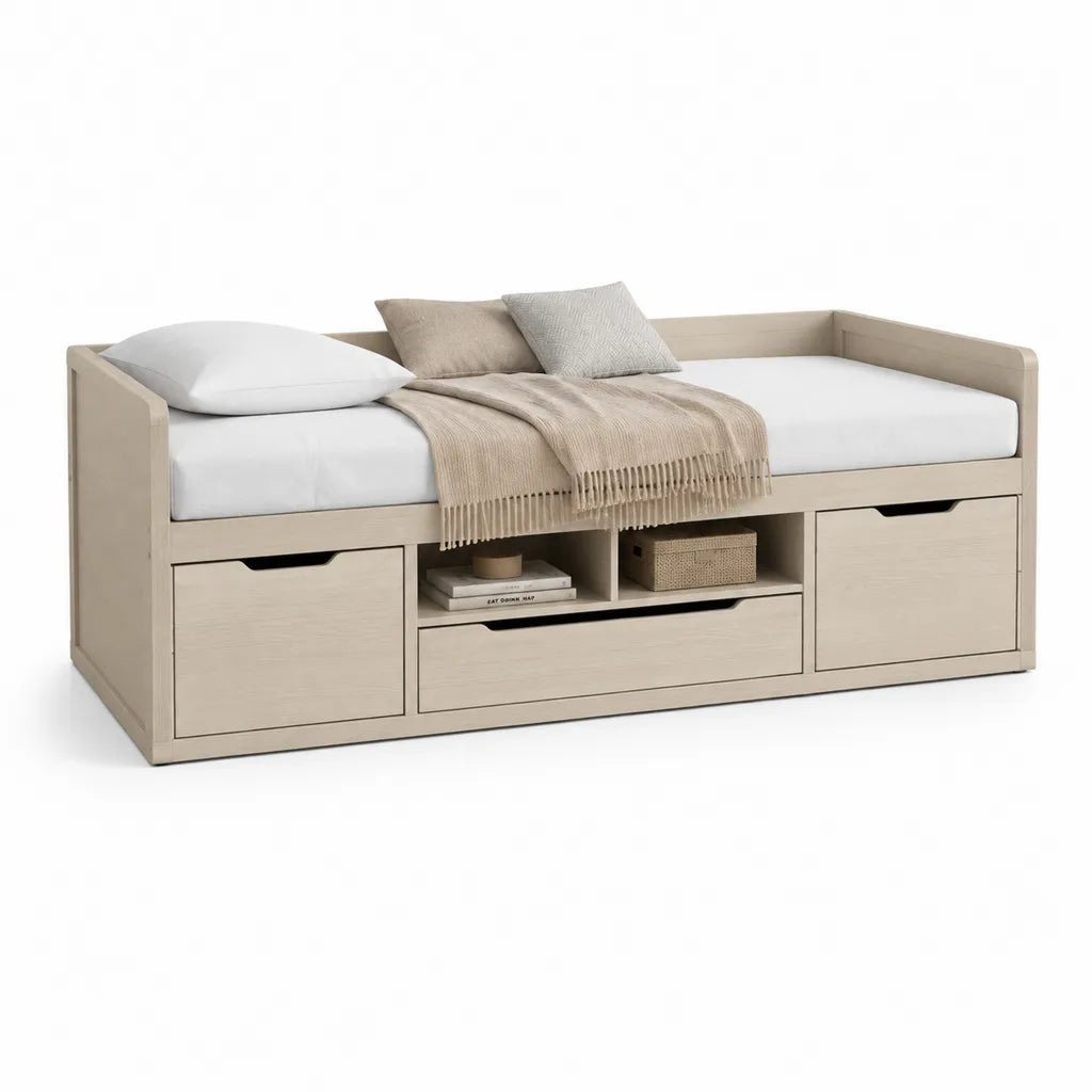 Letto singolo con contenitore 90 x 200 cm in pino massello rettangolare beige chiaro
