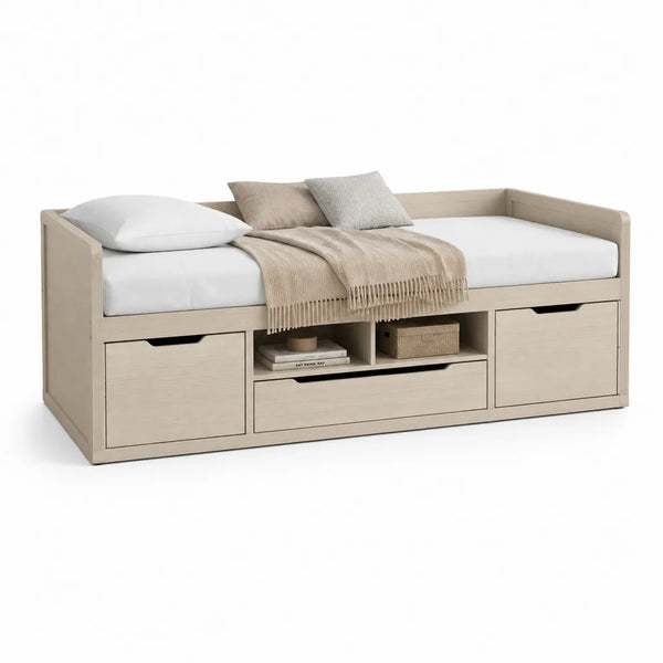 Letto singolo con contenitore 90 x 200 cm in pino massello rettangolare beige chiaro