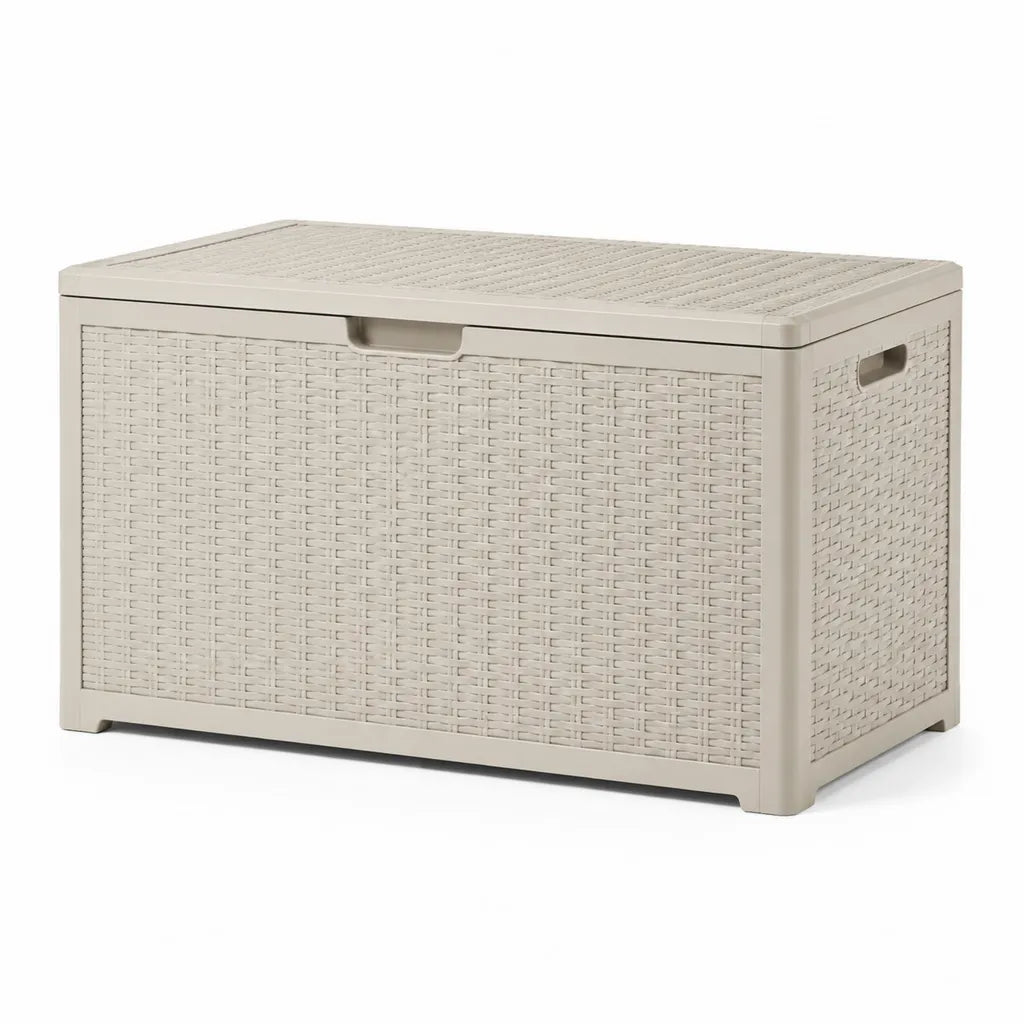 Baule da giardino rettangolare 270 L in polipropilene effetto rattan tortora 117 x 45 x 57 cm