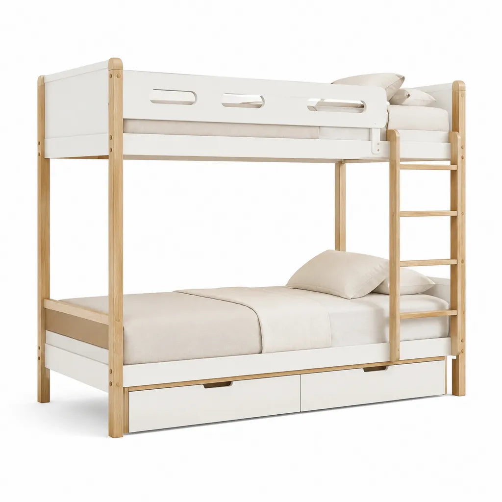 Letto a castello per bambini rettangolare 90 x 190 cm in pino massello bianco e naturale con scala e 2 cassetti
