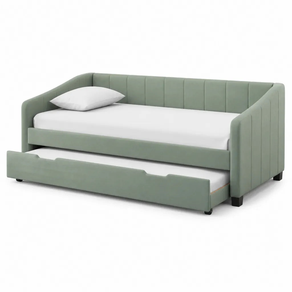 Letto singolo estraibile 90 x 200 cm in poliestere verde salvia con secondo letto su ruote