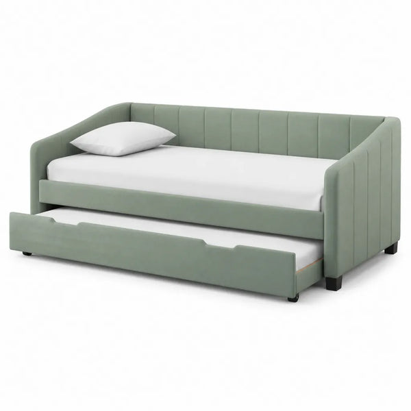 Letto singolo estraibile 90 x 200 cm in poliestere verde salvia con secondo letto su ruote