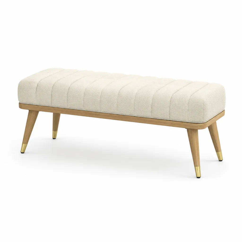 Panca fondoletto imbottita rettangolare 120 x 40 x 45 cm in poliestere boucle con gambe in legno massello crema e naturale