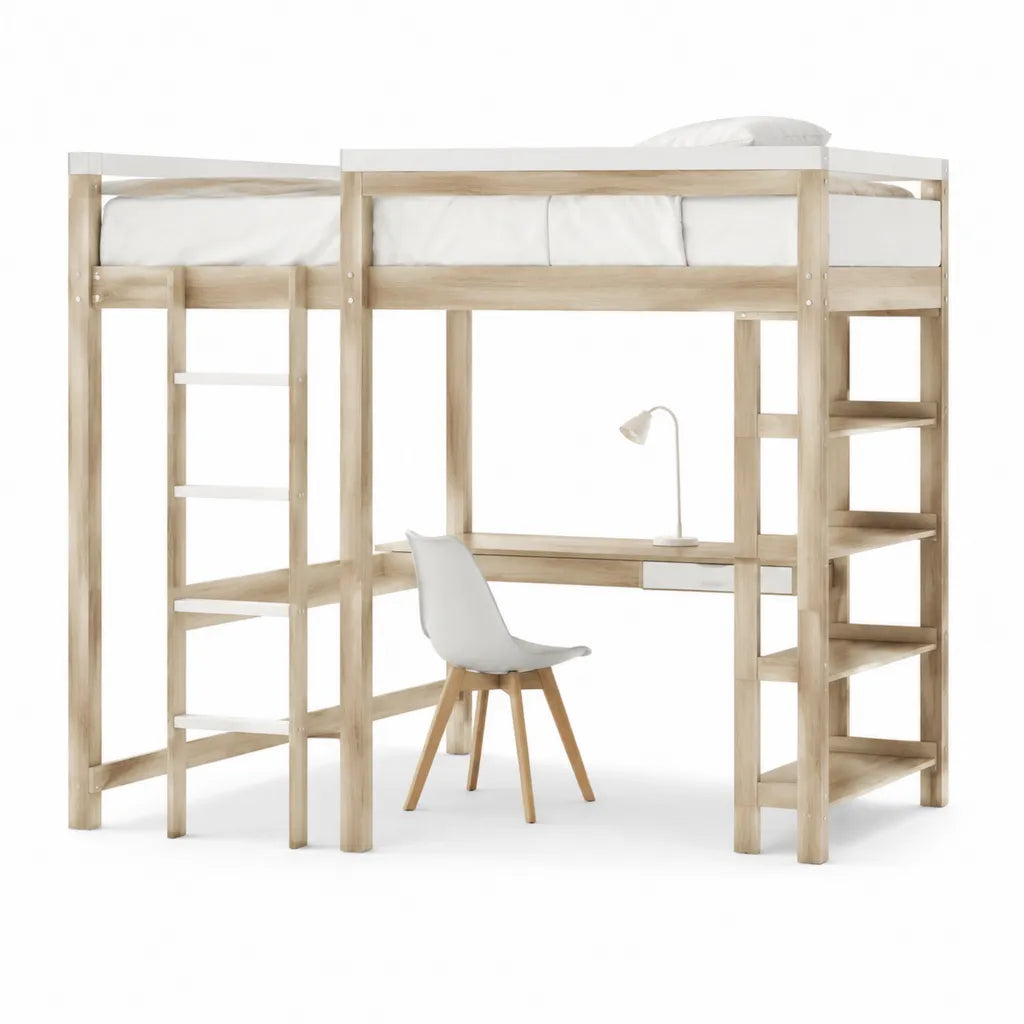 Letto a soppalco singolo 90 x 190 cm in pino massello naturale e bianco con scrivania mensole e scala 198 x 98 x 180 cm