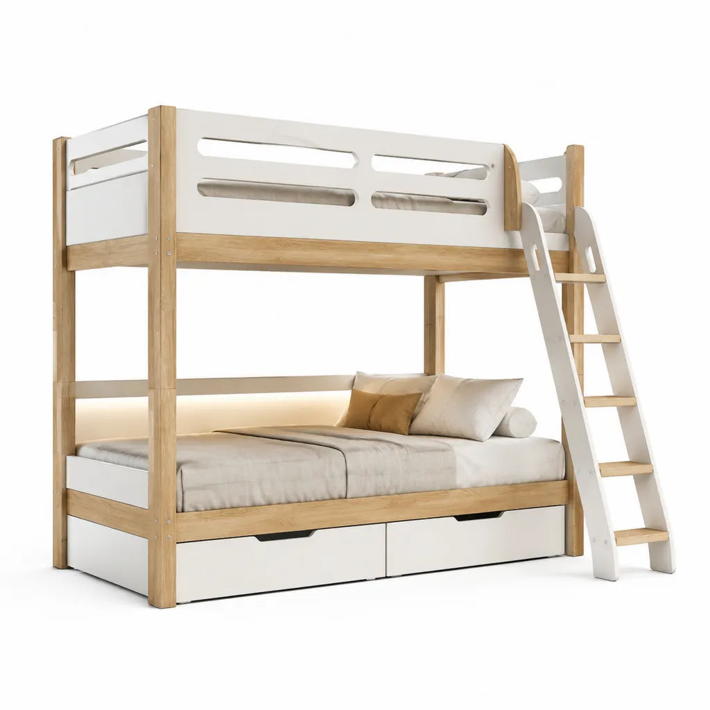 Letto a castello per bambini 90 x 200 cm in pino massello bianco e naturale con scala e 2 cassetti