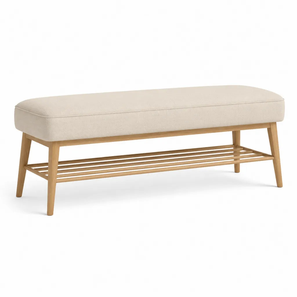 Panca fondoletto imbottita 120 x 40 x 45 cm in legno massello e poliestere rettangolare beige con ripiano inferiore