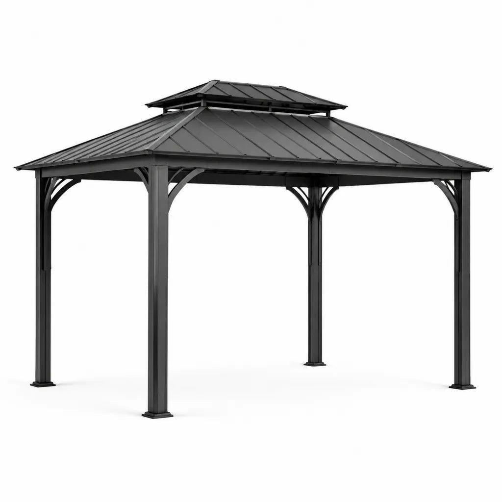 Gazebo da giardino quadrato 300 x 300 x 285 cm in acciaio zincato nero con tetto rigido a due livelli