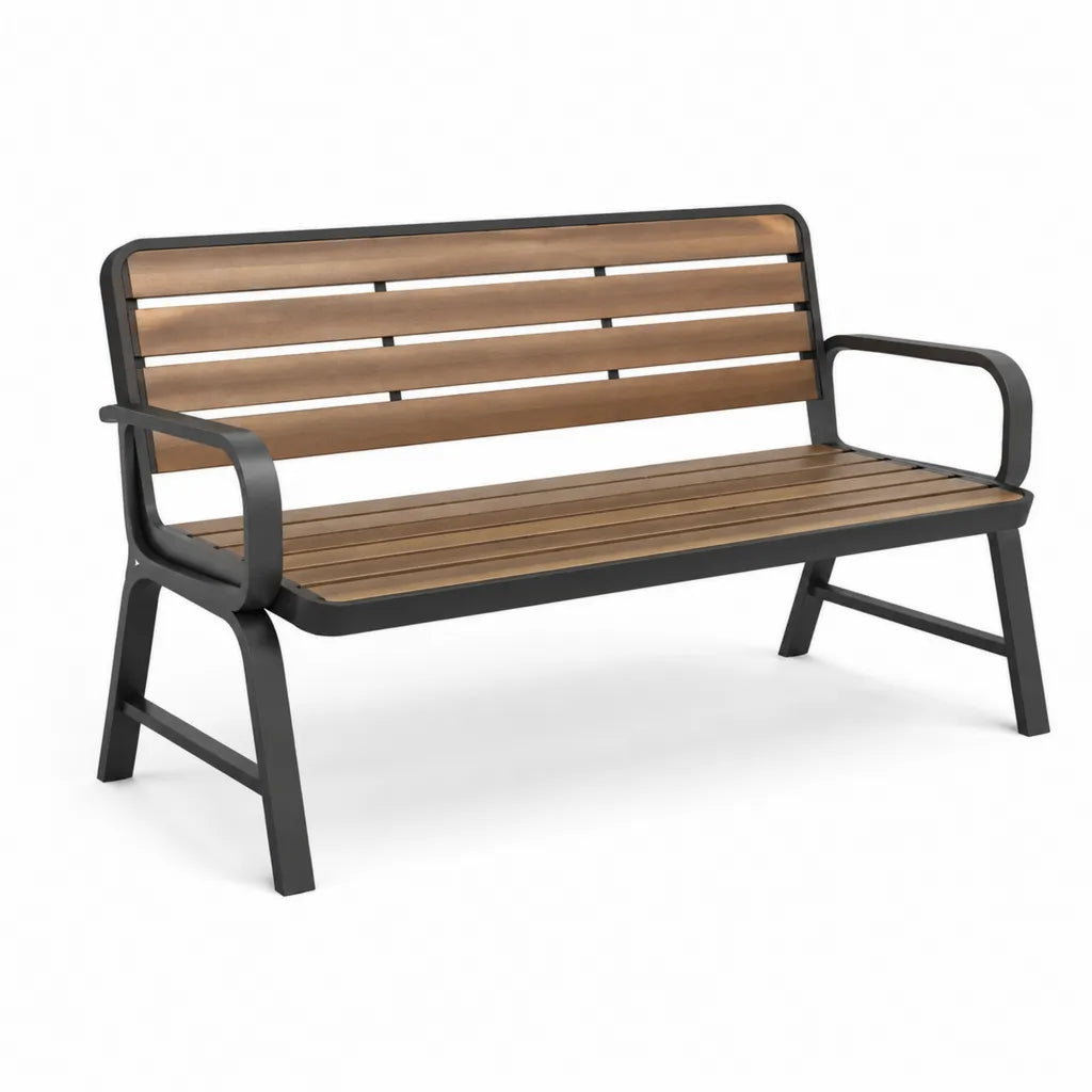 Panca da giardino 3 posti in acciaio e legno massello rettangolare marrone nero 150 x 65 x 85 cm