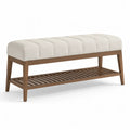 Panca fondoletto imbottita con ripiano portascarpe in legno massello 120 x 40 x 48 cm rettangolare beige noce