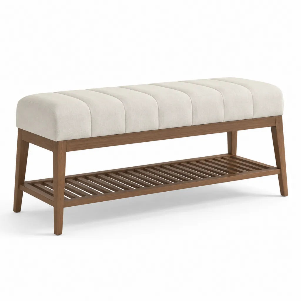 Panca fondoletto imbottita con ripiano portascarpe in legno massello 120 x 40 x 48 cm rettangolare beige noce