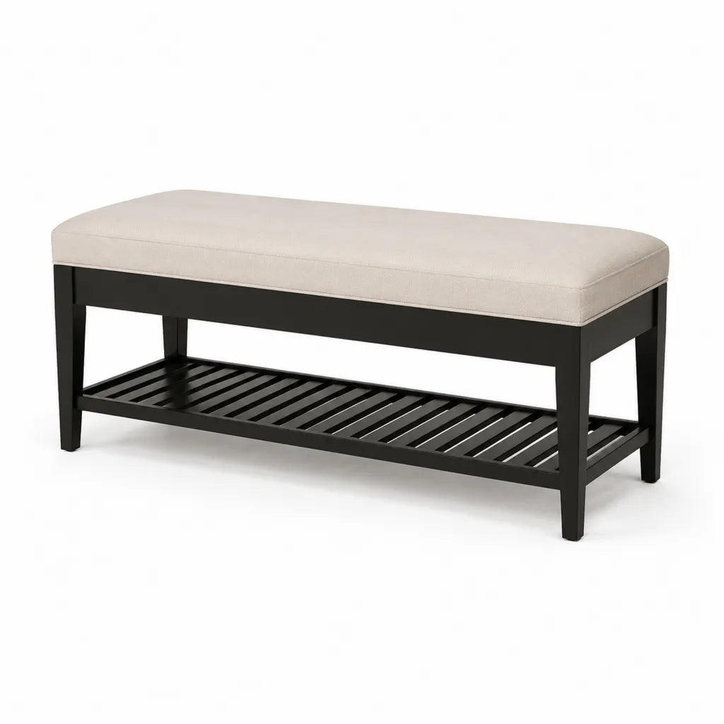Panca fondoletto imbottita rettangolare 120 x 40 x 48 cm in legno massello di caucciu beige e nero con ripiano portascarpe