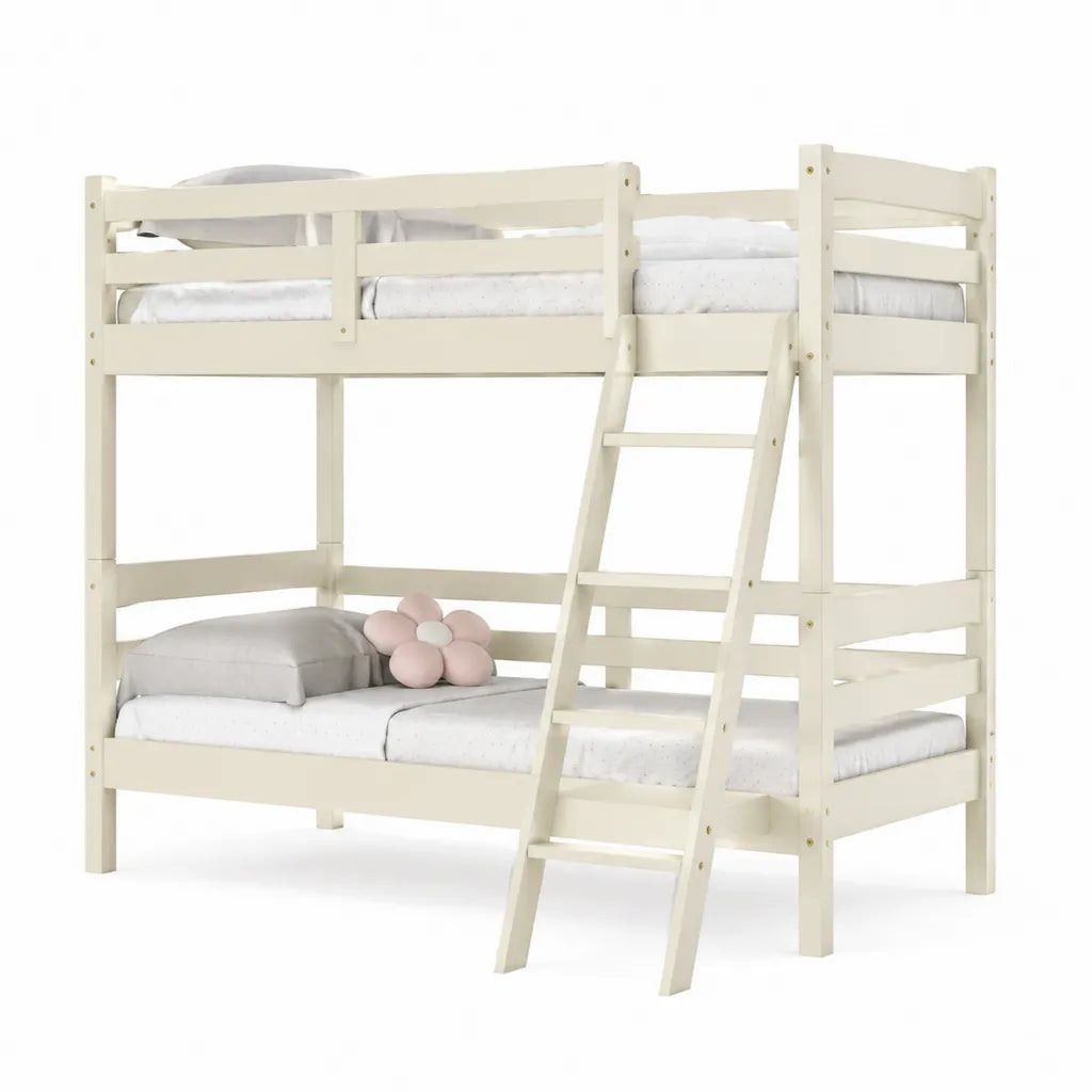 Letto a castello singolo in pino massello avorio con scala 198 x 98 x 150 cm