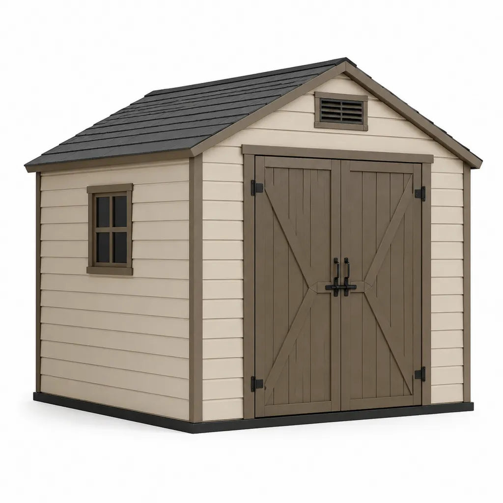 Casetta da giardino in resina HDPE 244 x 305 x 244 cm con doppia porta beige marrone e antracite