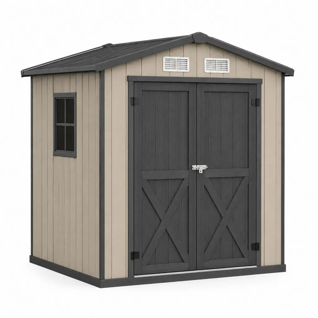 Casetta da giardino rettangolare in resina di polipropilene beige e antracite 214 x 218 x 226 cm